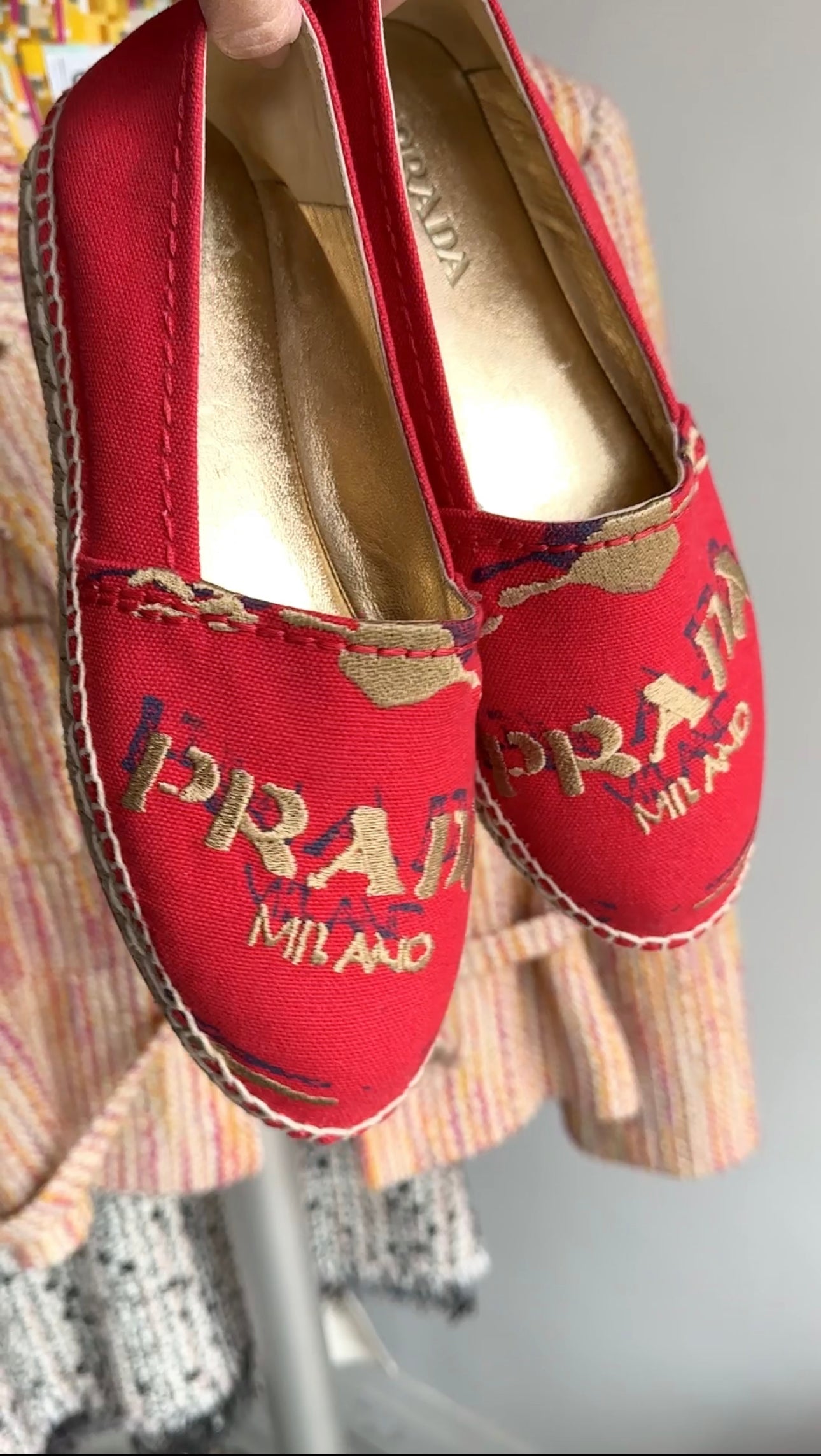 Prada Red Canvas and Gold Embroidered Logo Espadrille Flats - 37.5 / 7.5
