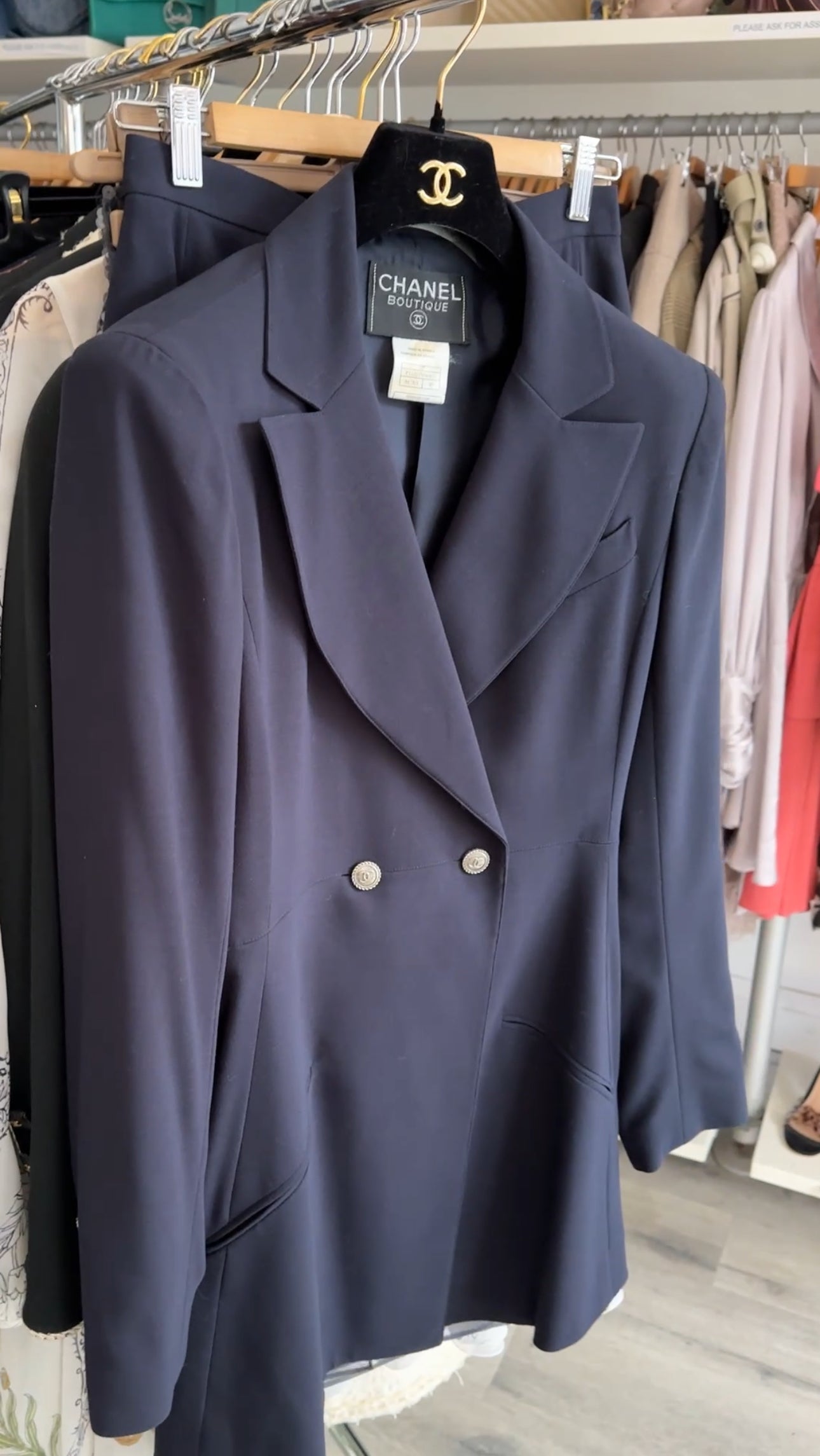 Chanel 98P Navy Wool Fitted Long Skirt Suit with Silver CC Buttons - 6