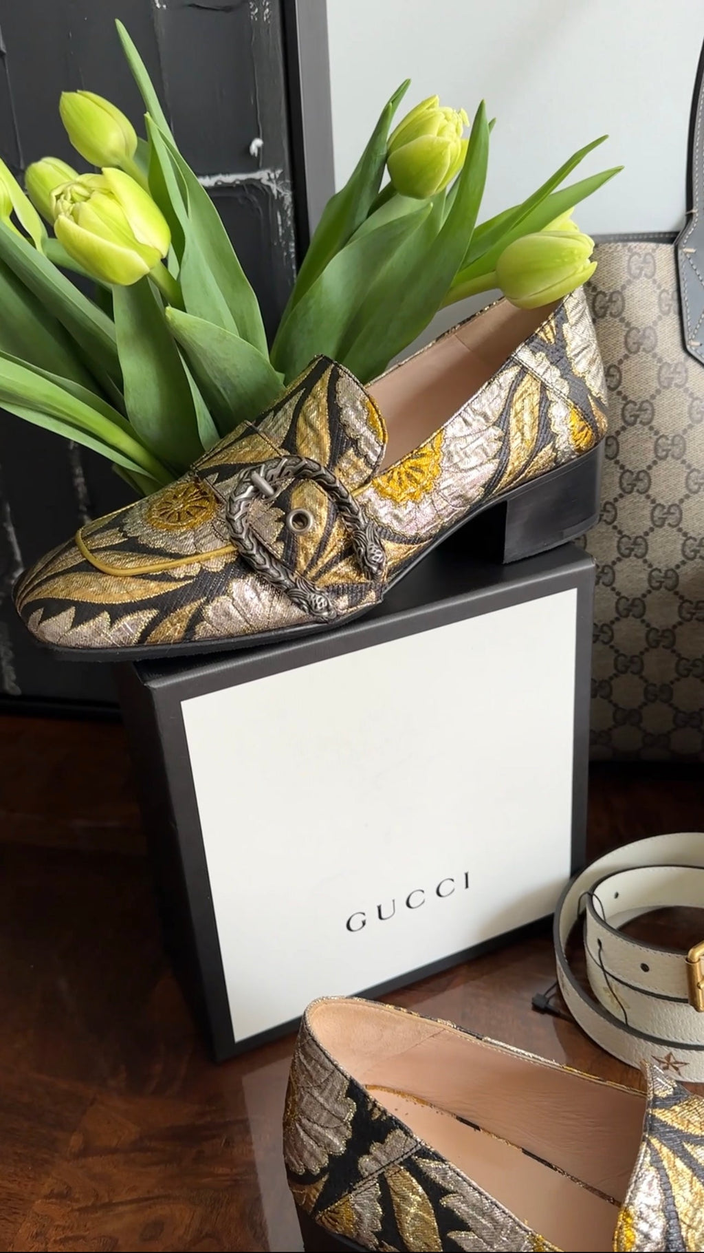 Gucci Gold Silver Black Brocade Dionysus Pump Loafers - 37