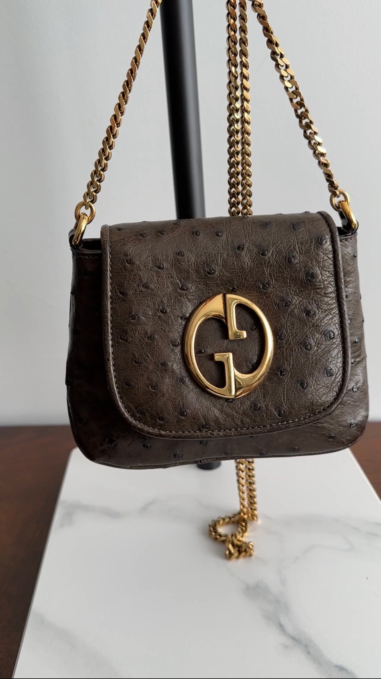 Gucci Mini Brown Ostrich 1973 GG Crossbody Bag