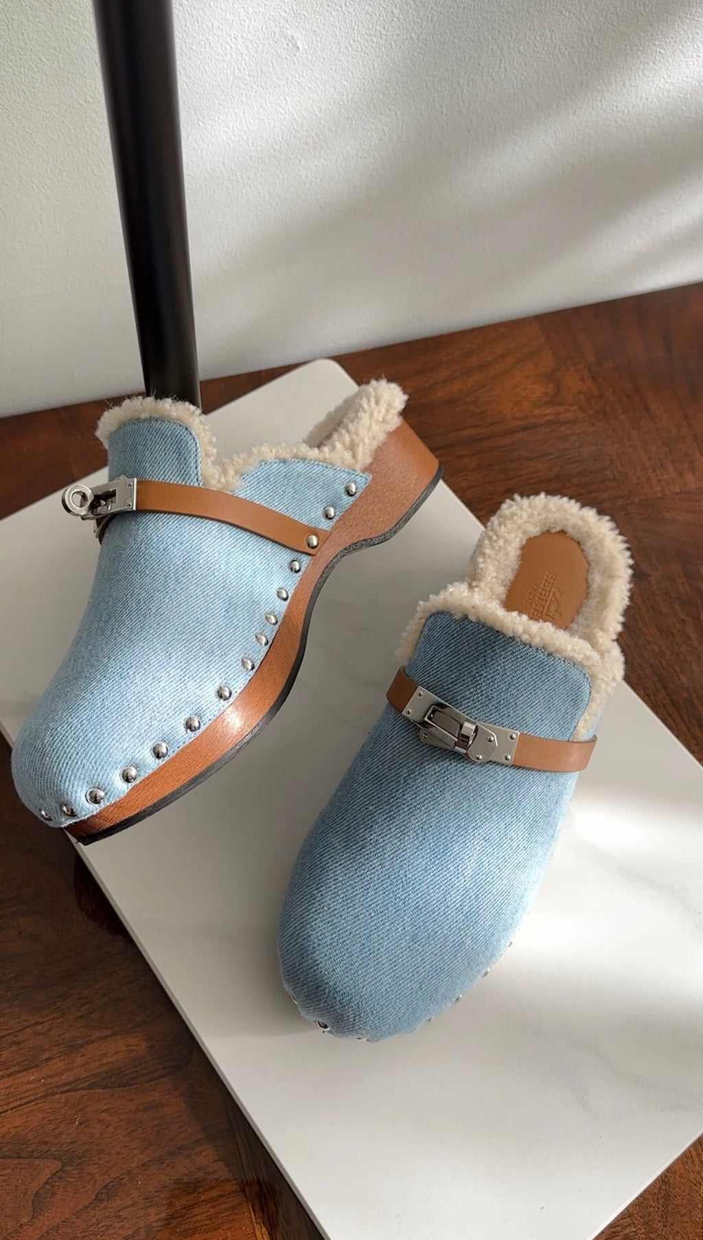 Hermes Bleu Clair Denim and Natural Leather Shearling Carlotta Mule - 37