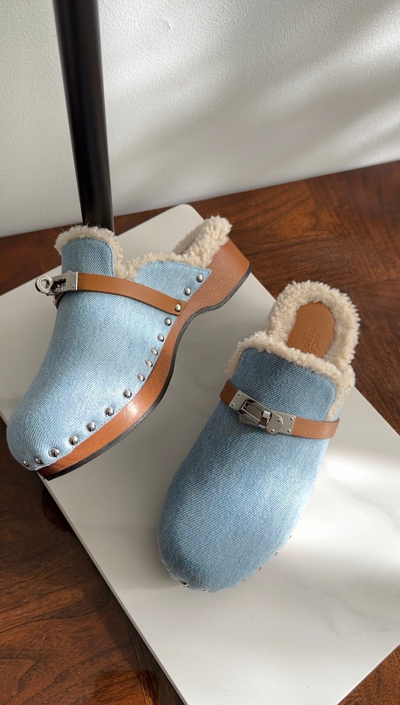Hermes Bleu Clair Denim and Natural Leather Shearling Carlotta Mule - 37