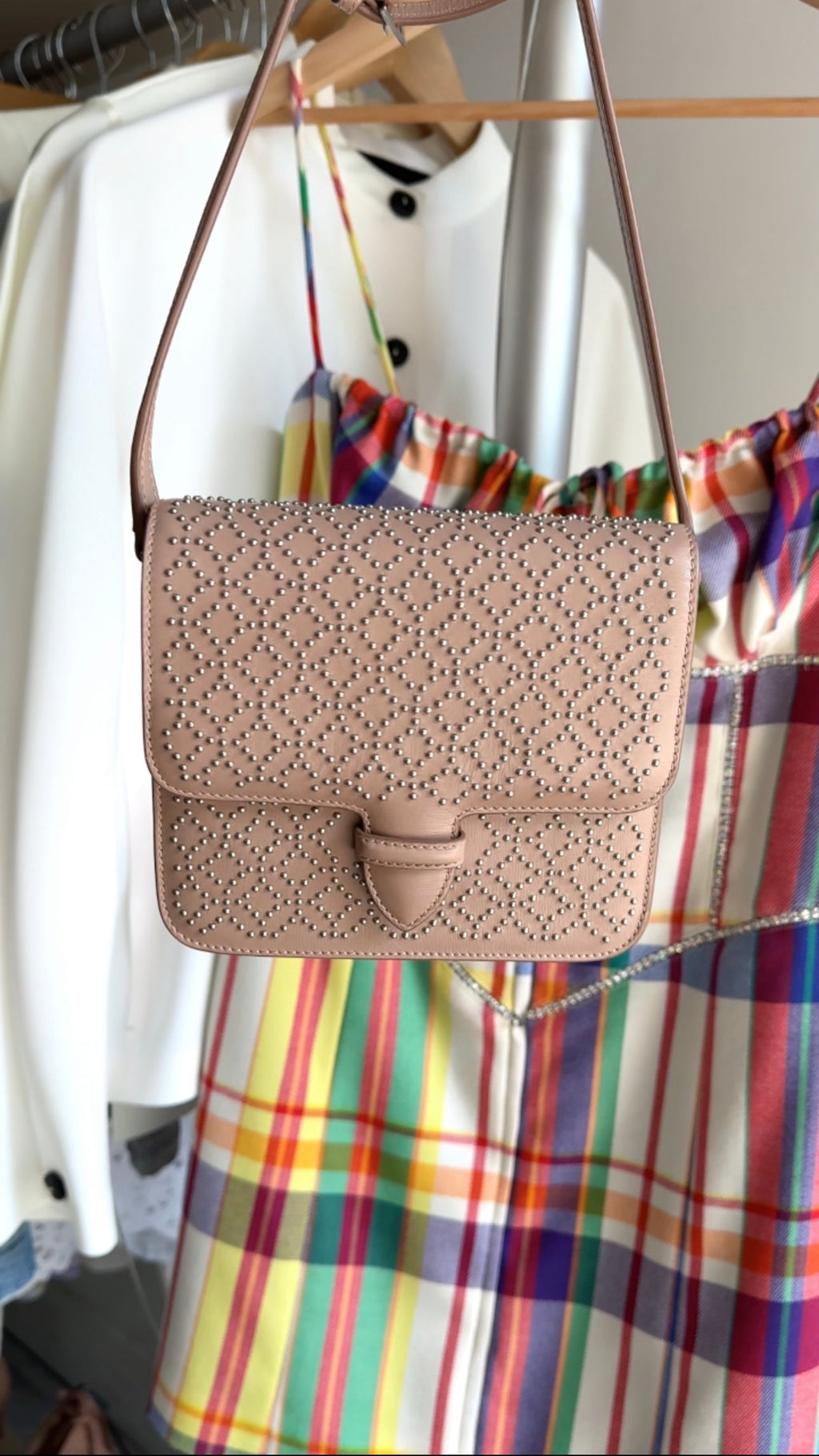 Alaia Small Stud Nude Leather Crossbody Bag