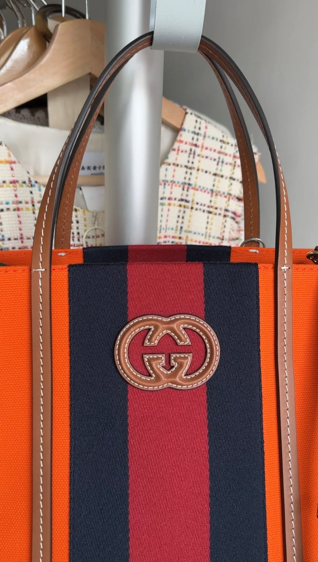 Gucci Interlocking G Orange Striped Web Canvas Tote Bag