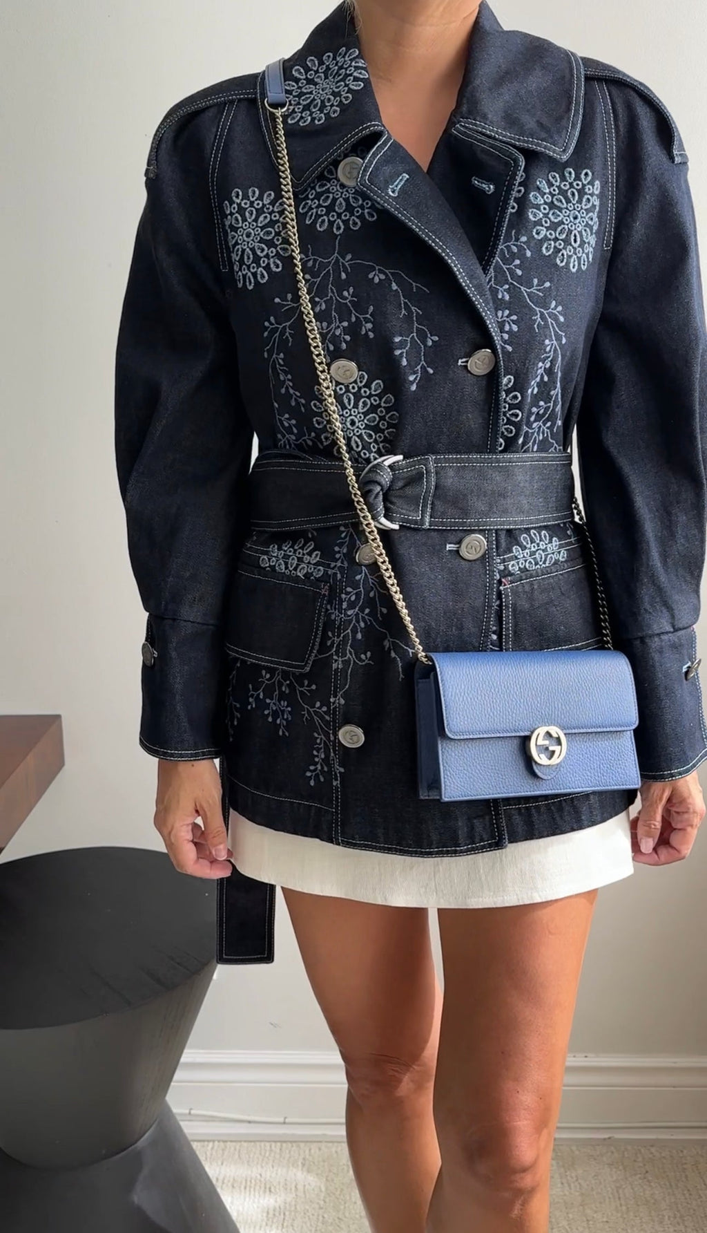 Giorgio Armani Blue Denim Eyelet Embroidered Short Trench Jacket - 42 / USA 6