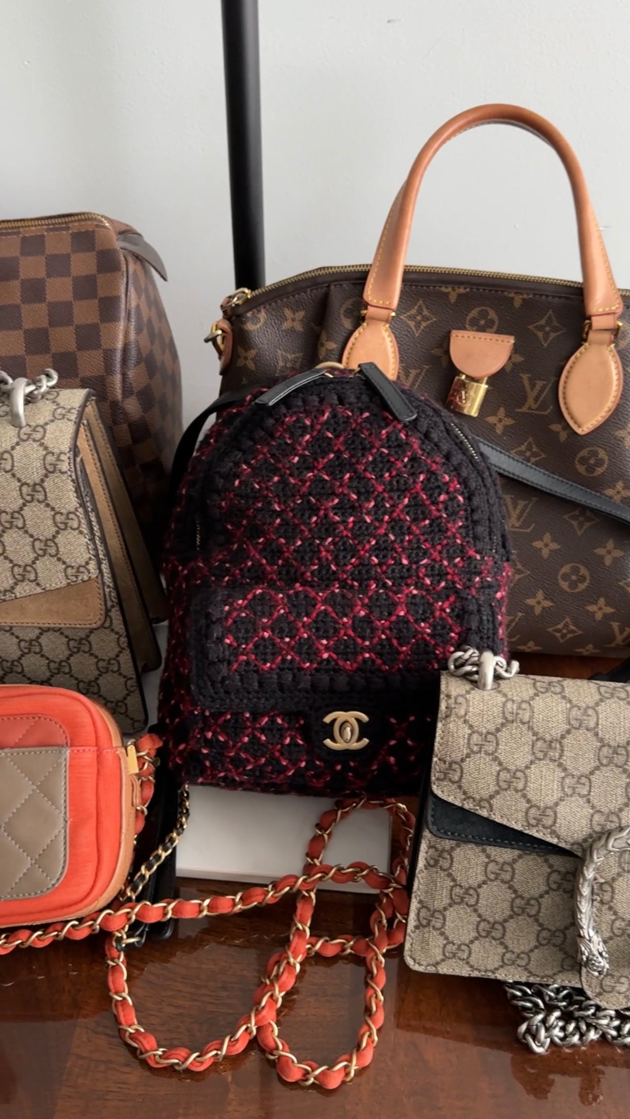 Chanel Black and Red Tweed Small CC Chain Backpack