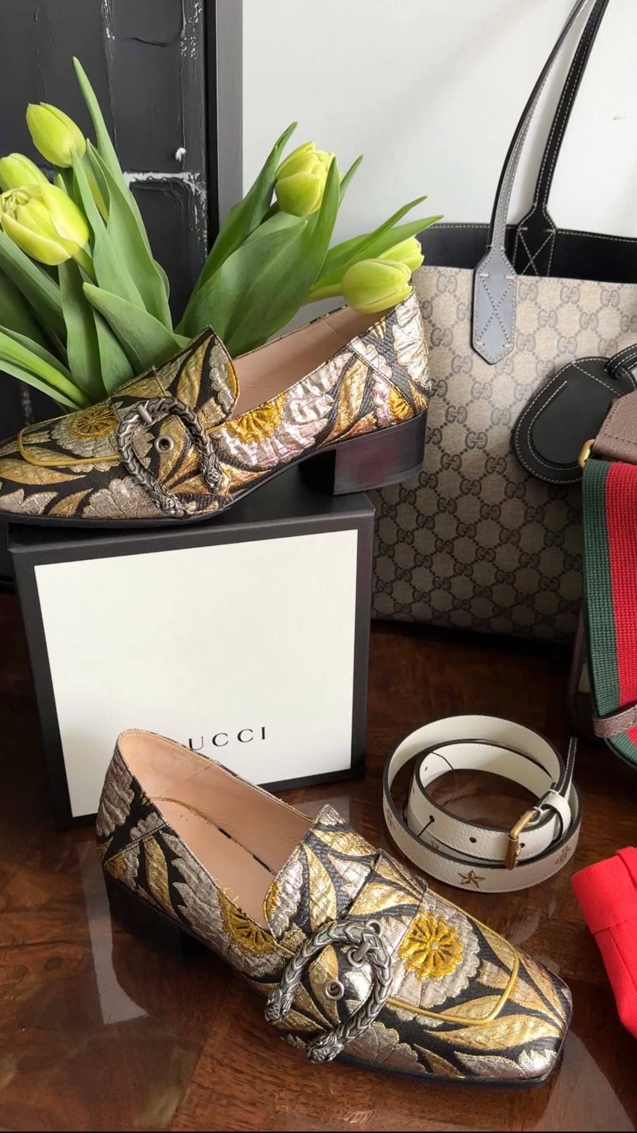 Gucci Gold Silver Black Brocade Dionysus Pump Loafers - 37