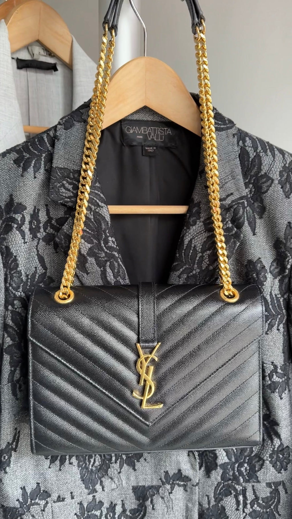 Saint Laurent Black Chevron Monogram Small Chain Envelope Bag