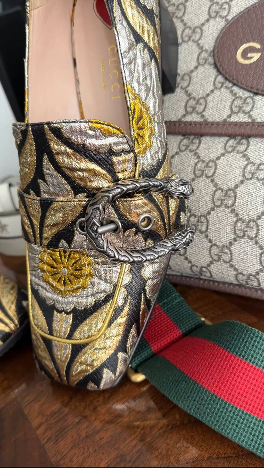 Gucci Gold Silver Black Brocade Dionysus Pump Loafers - 37