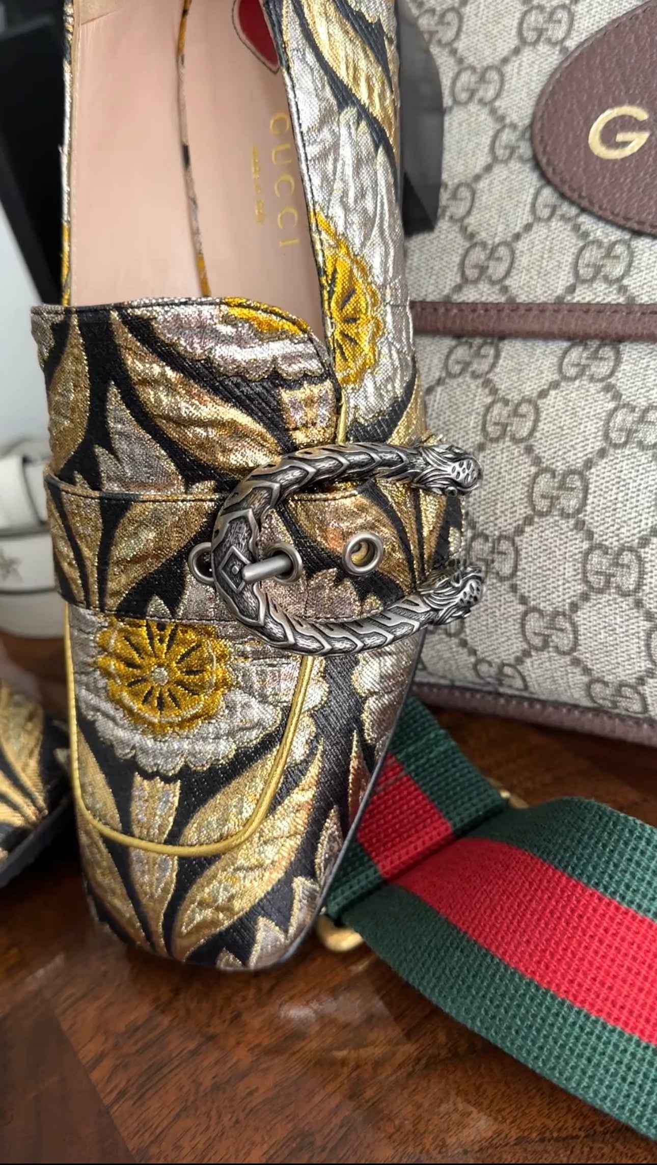 Gucci Gold Silver Black Brocade Dionysus Pump Loafers - 37