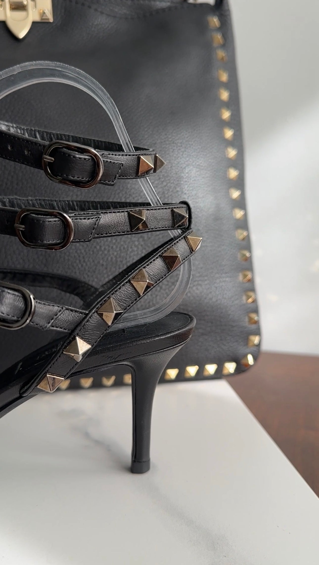 Valentino Rock Stud Noir Black Triple Cage Leather Heels - USA 7.5