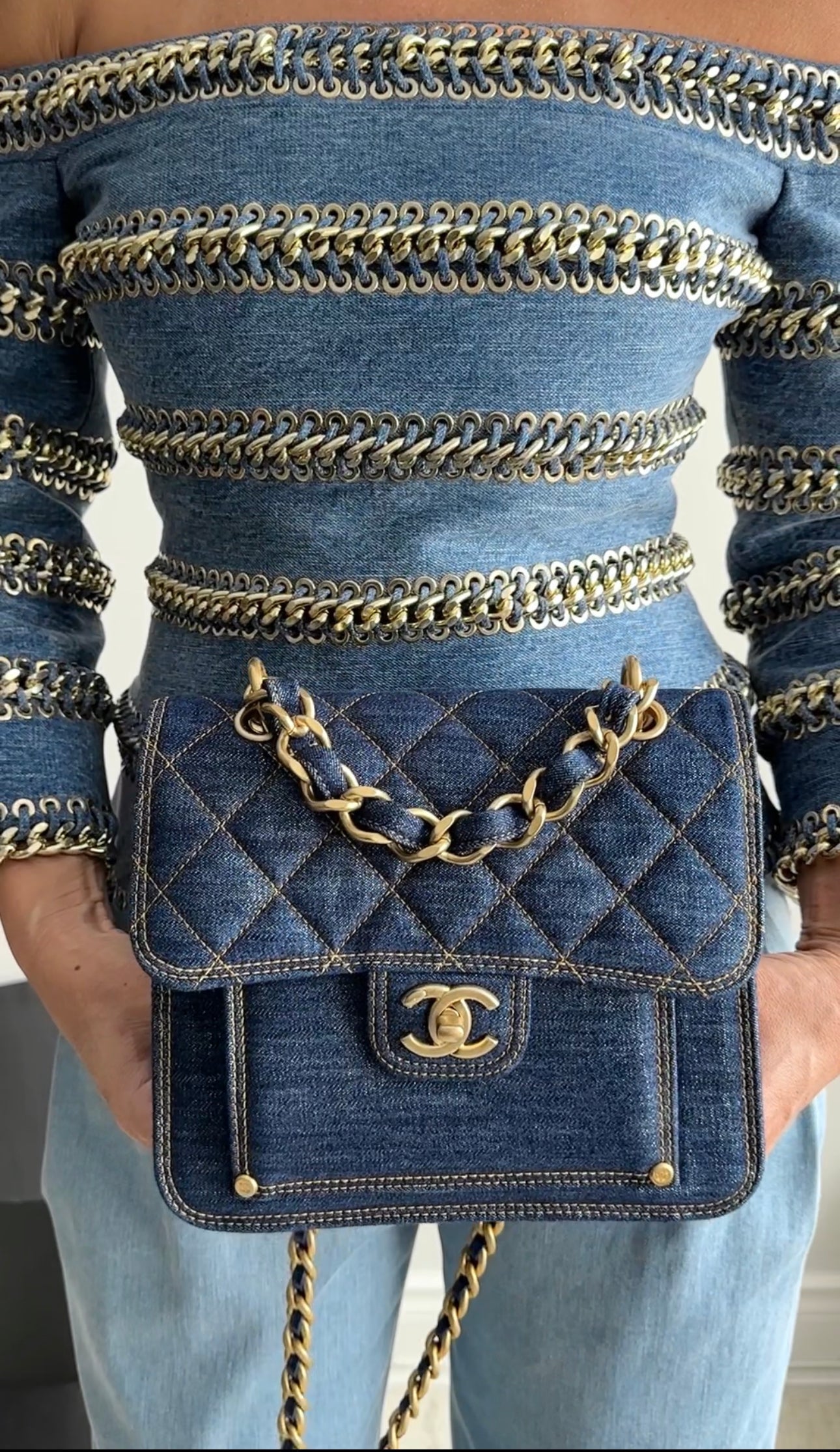 Balmain SS 2014 Runway Denim Chain Off Shoulder Top - FR38