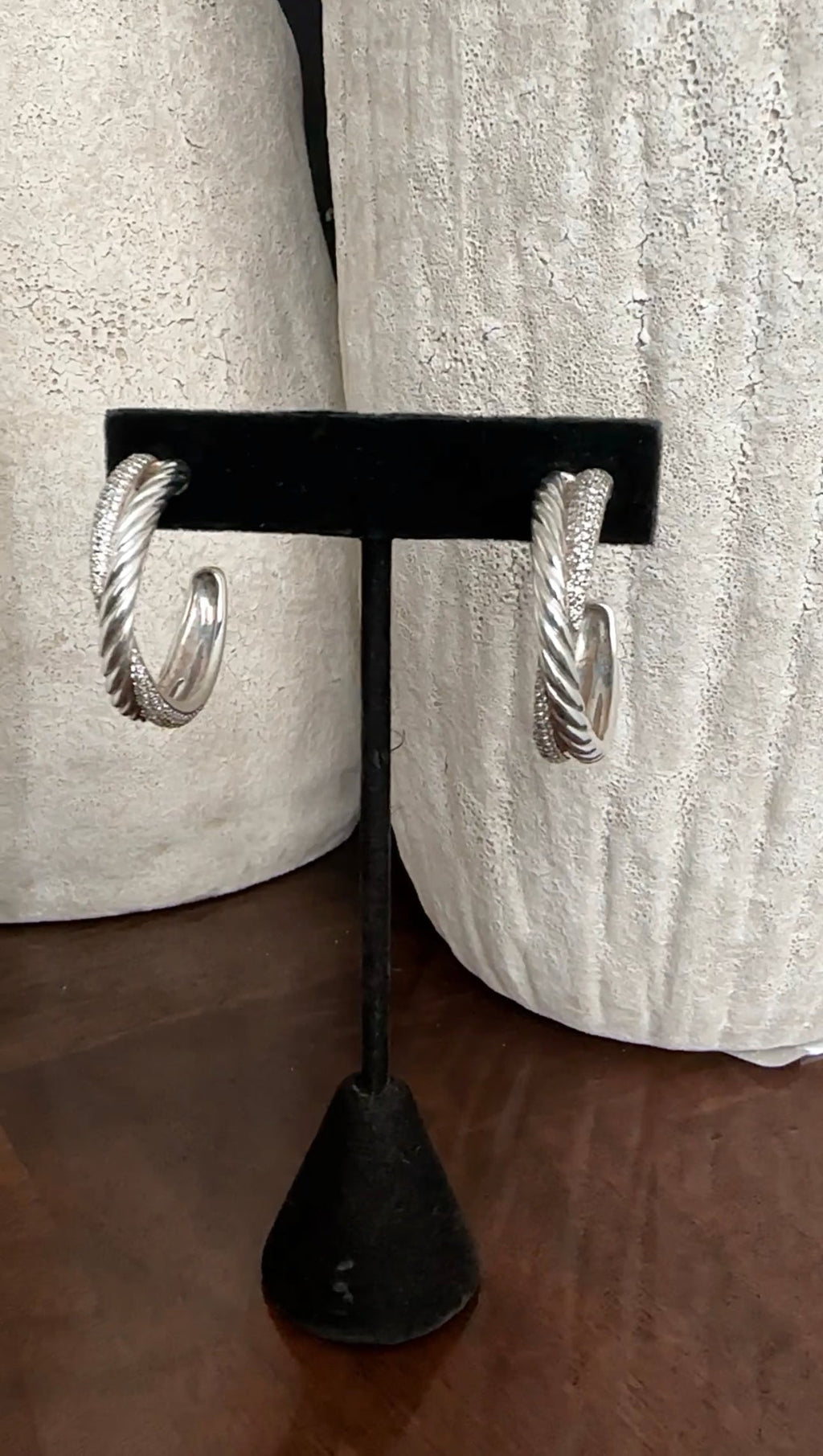 David Yurman Sterling Silver and Diamond Crossover Hoop Earrings