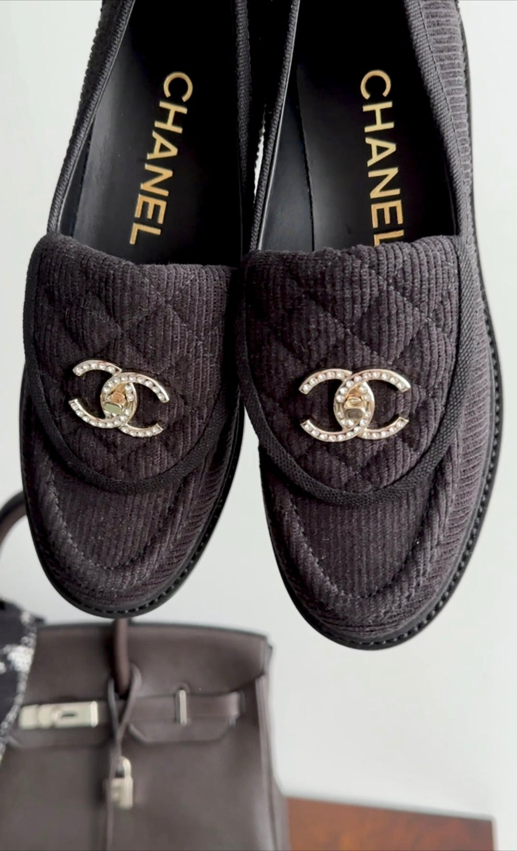 Chanel 22P Black Corduroy Quilted Crystal CC Turnlock Loafers - 37
