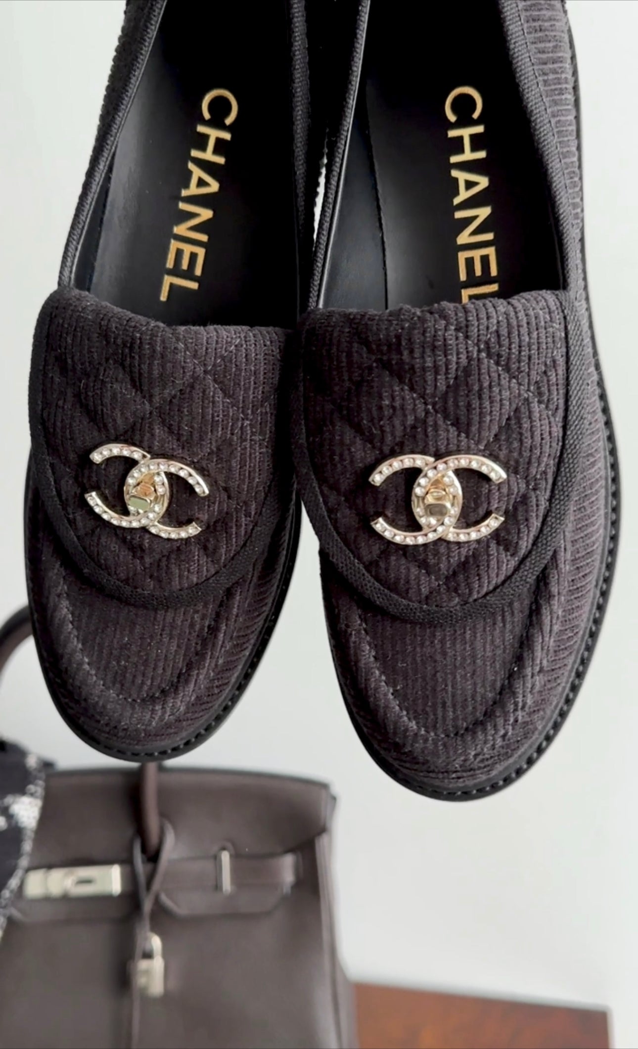 Chanel 22P Black Corduroy Quilted Crystal CC Turnlock Loafers - 37