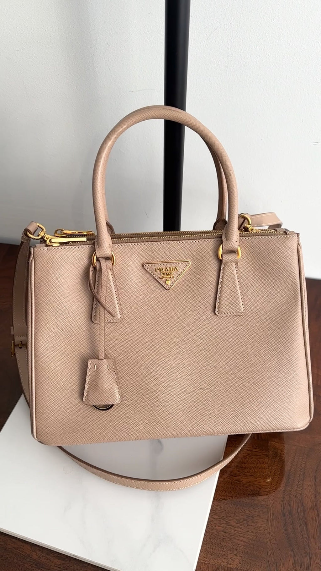 Prada Medium Beige Cammeo Saffiano Leather Galleria Tote Bag