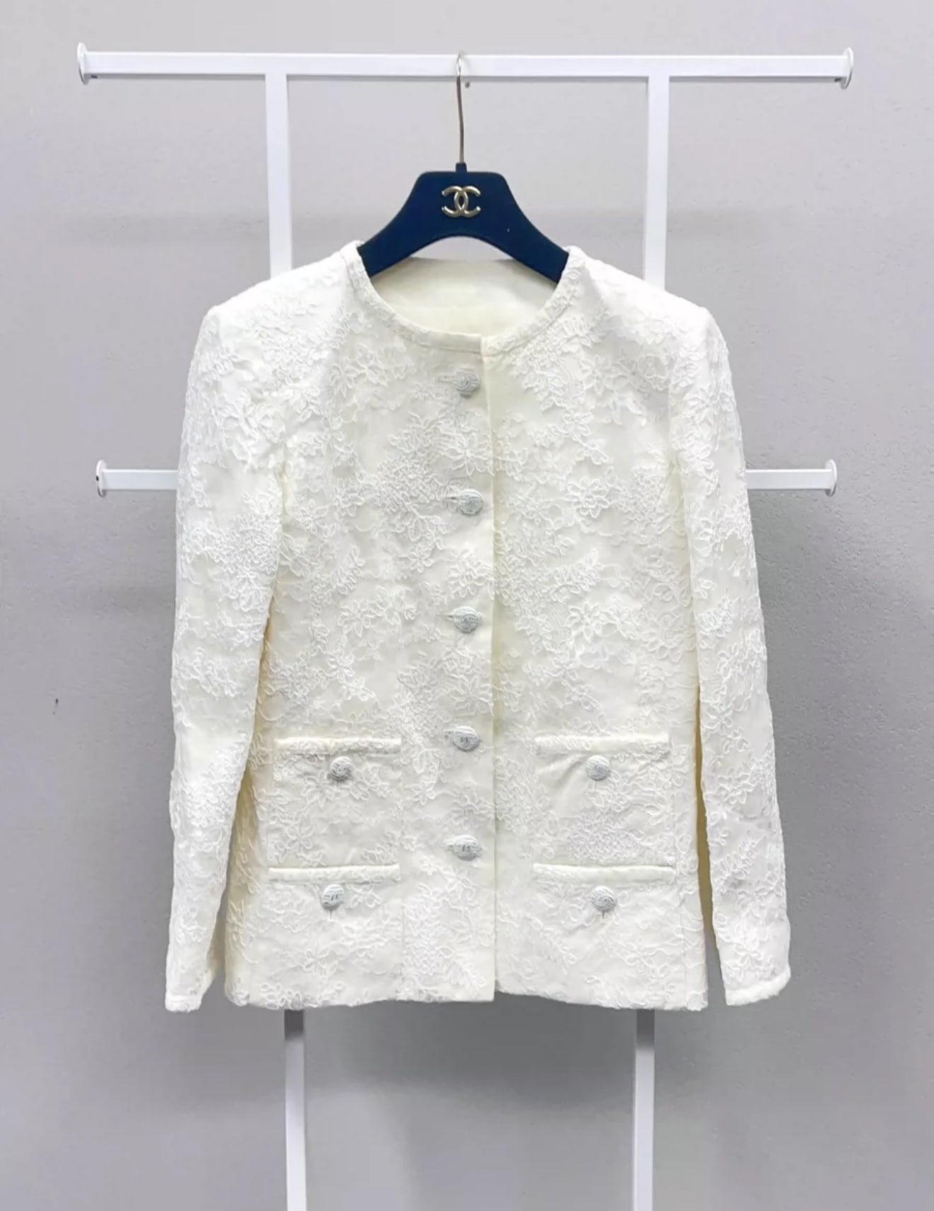 CHANEL 21C White Lace Suit Jacket + Skirt