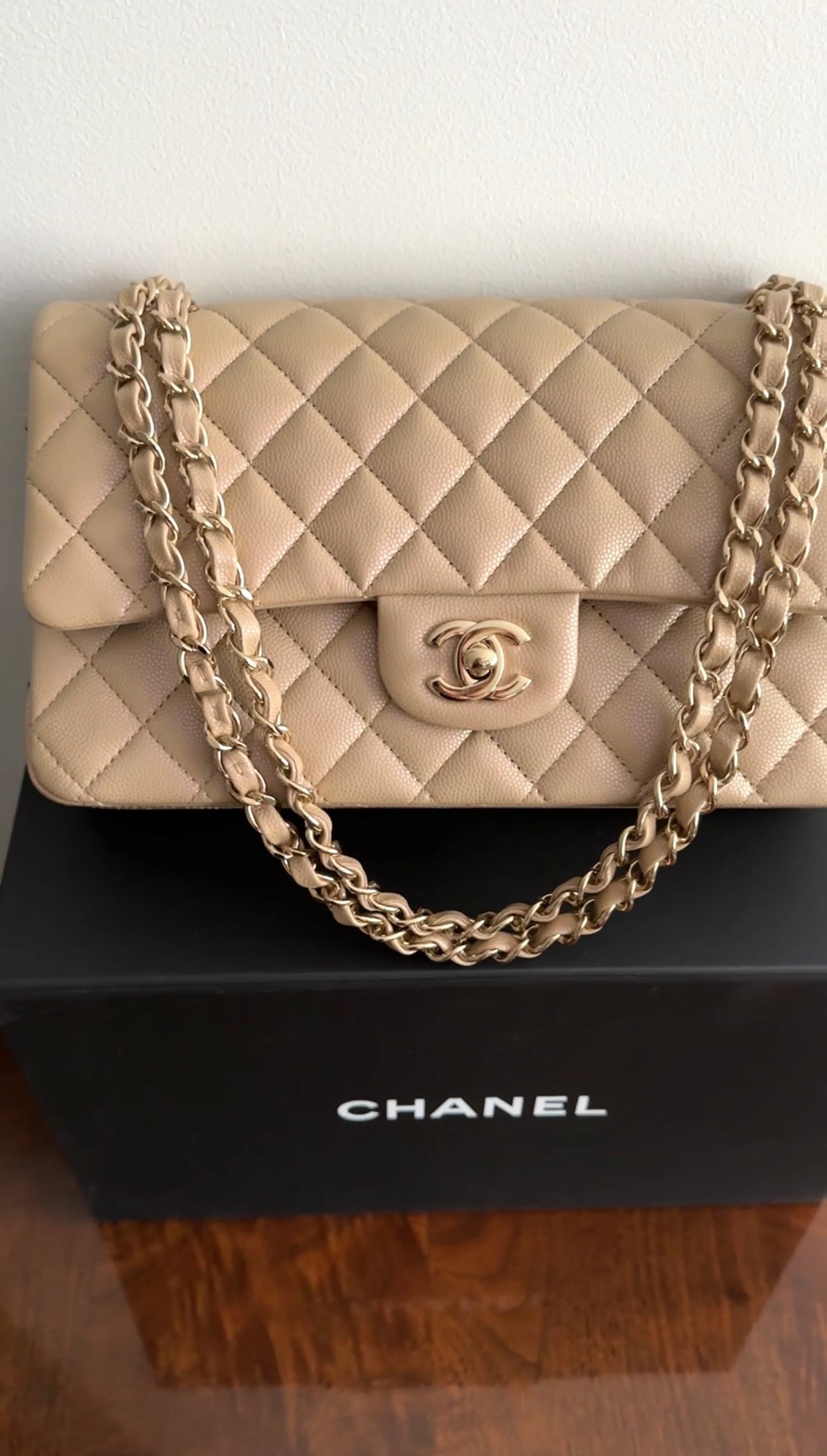 Chanel 21S Beige Iridescent Classic Medium Double Flap Caviar GHW