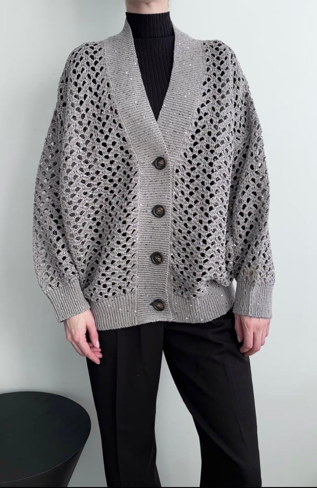 Brunello Cucinelli Grey Open Knit Sequin igan Sweater - S