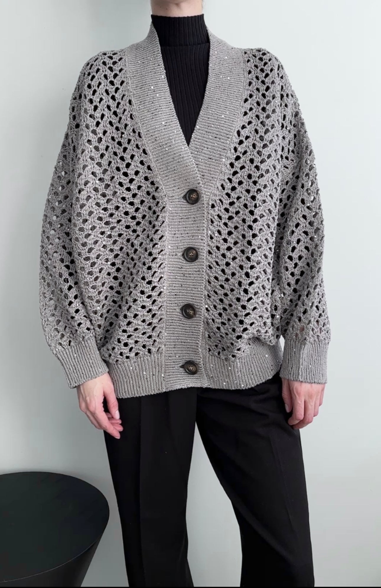 Brunello Cucinelli Grey Open Knit Sequin igan Sweater - S