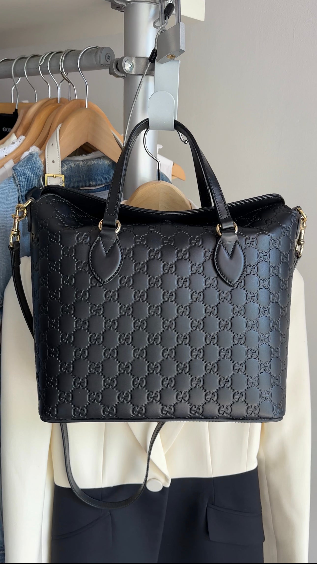 Gucci Black Guccissima Leather Lina A Foldover Two-Way Tote Bag
