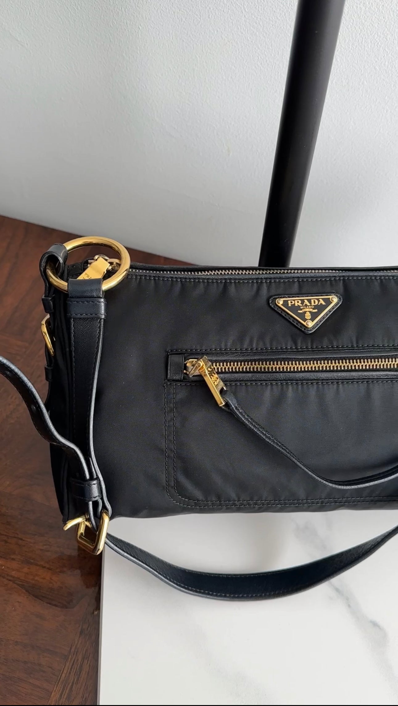 Prada Vintage Black Nylon and Goldtone Shoulder Bag