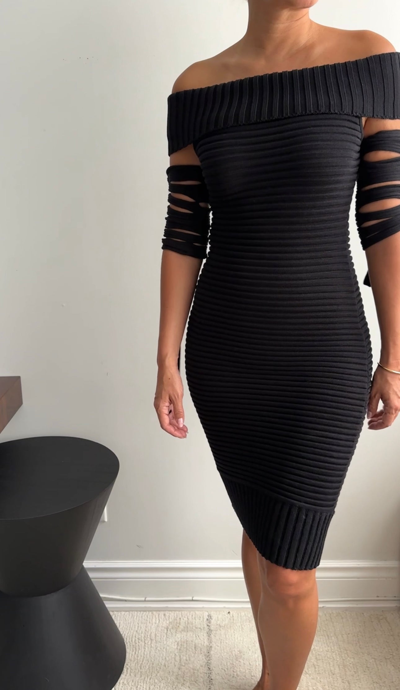 Chanel 09P Black Off Shoulder Rib Tube Dress with Removable Sleeves - FR36