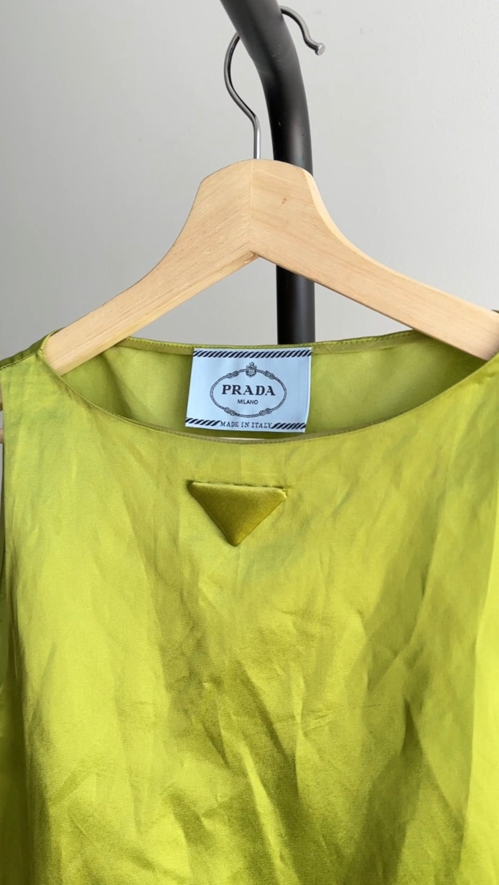 Prada Lime Green Satin Shift Dress with Triangle Logo - M (8)