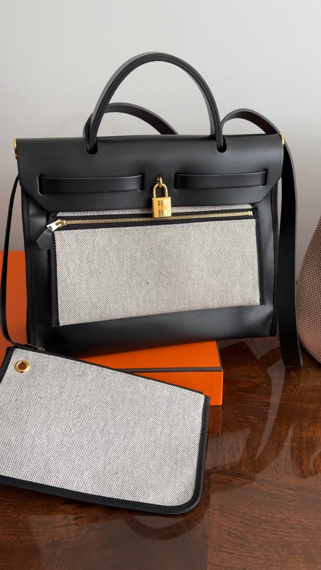 Hermes Herbag Zip 31 Black on Black Coated Canvas and Toile Berline