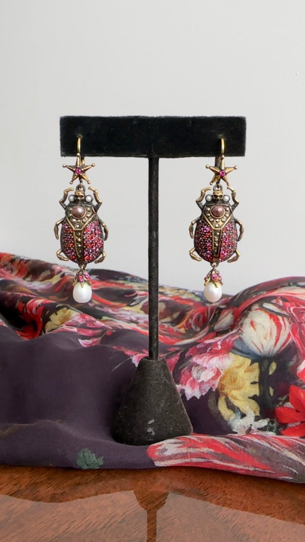 Alexander McQueen Garnet Scarab Beetle Earrings with Pearl Drops