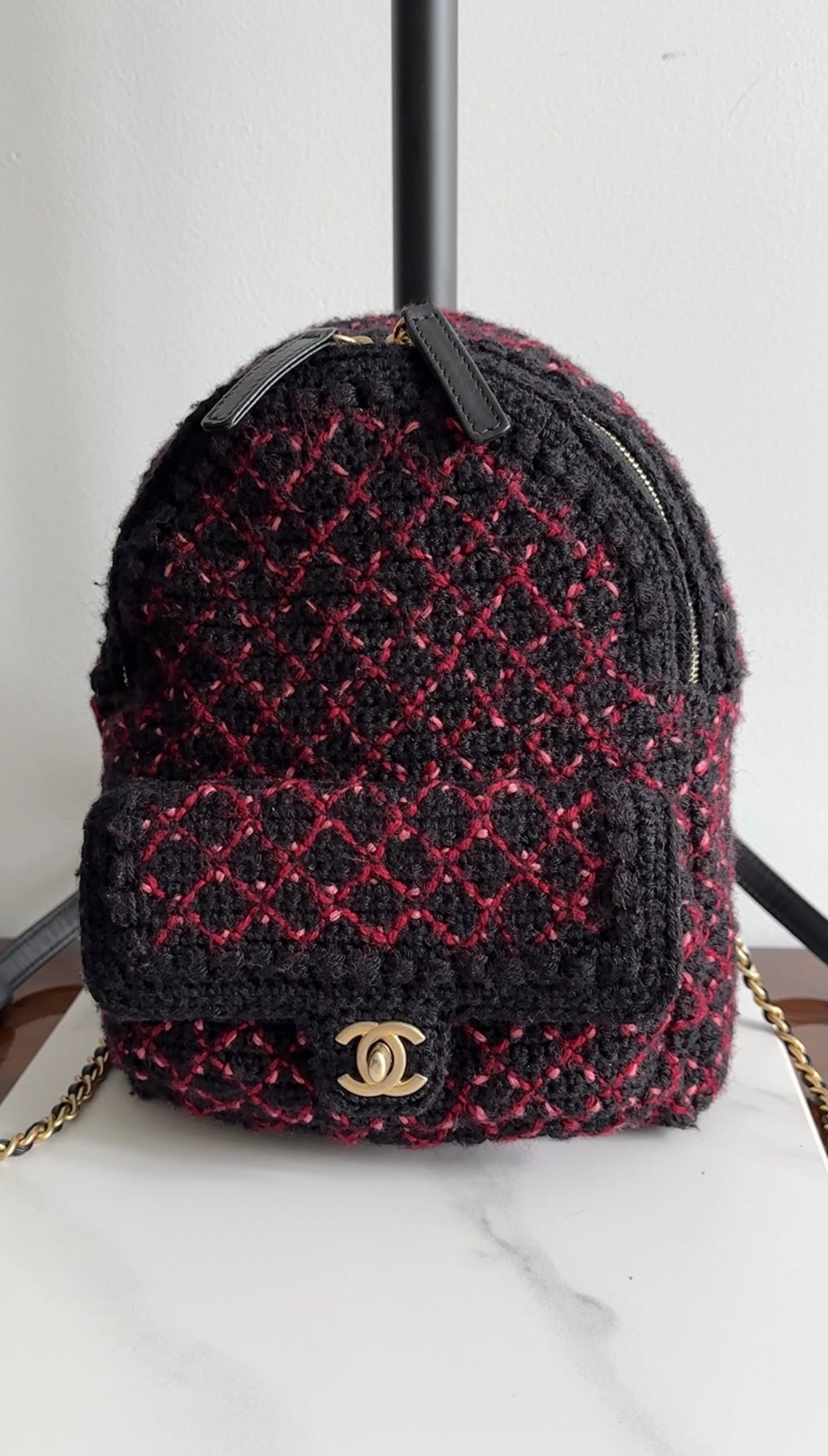 Chanel Black and Red Tweed Small CC Chain Backpack