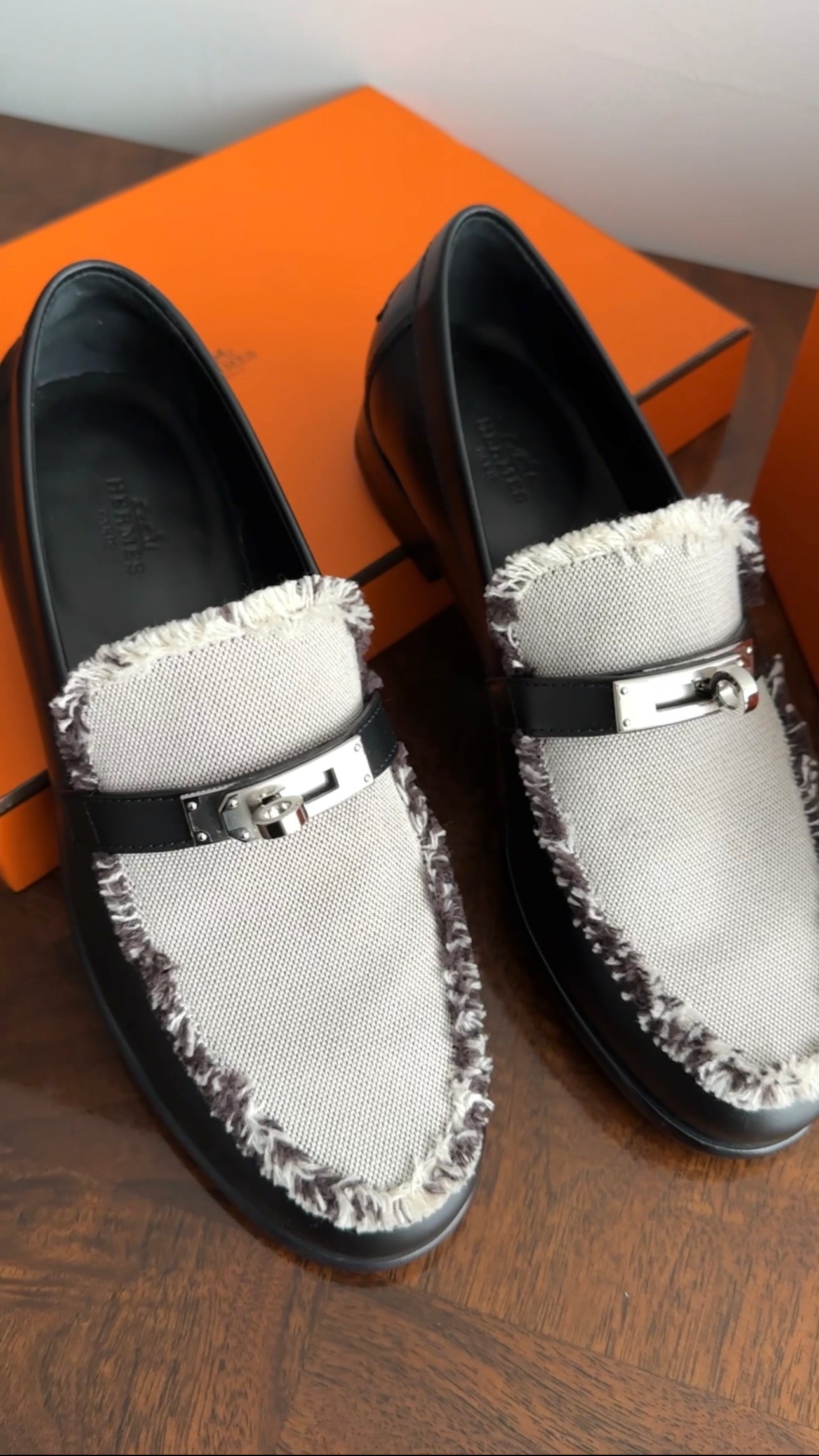 Hermes Black Leather and Toile Destin PHW Loafer - 37