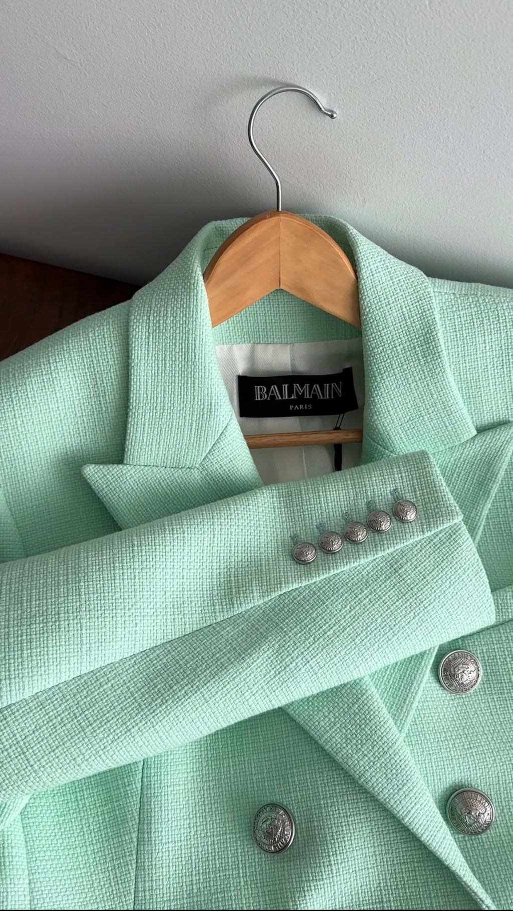 Balmain Mint Green Linen Blend Blazer with Silver Buttons - USA 12