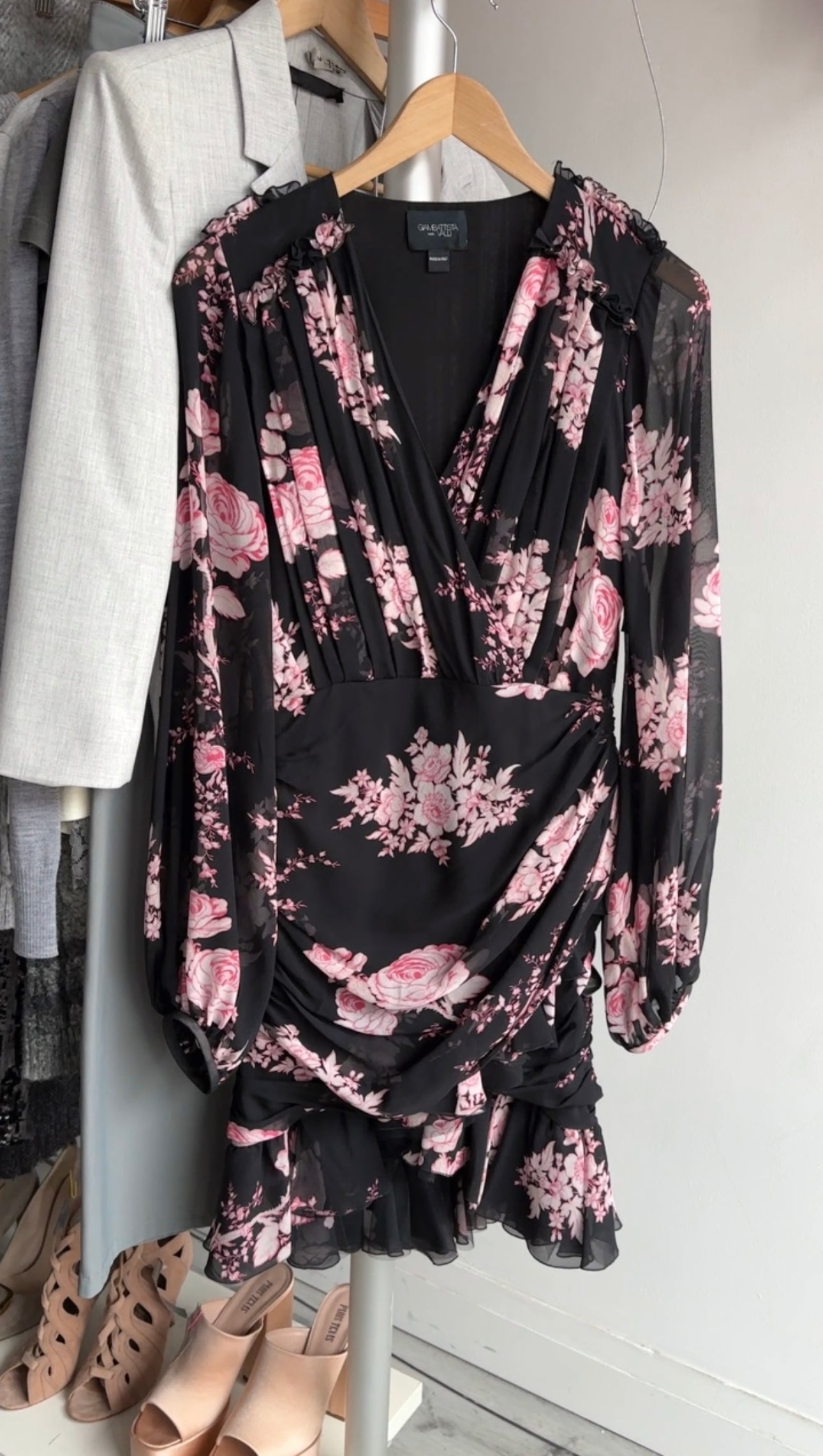 Giambattista Valli Black and Pink Roses Chiffon Long Sleeve Dress - IT42 / S (4/6)