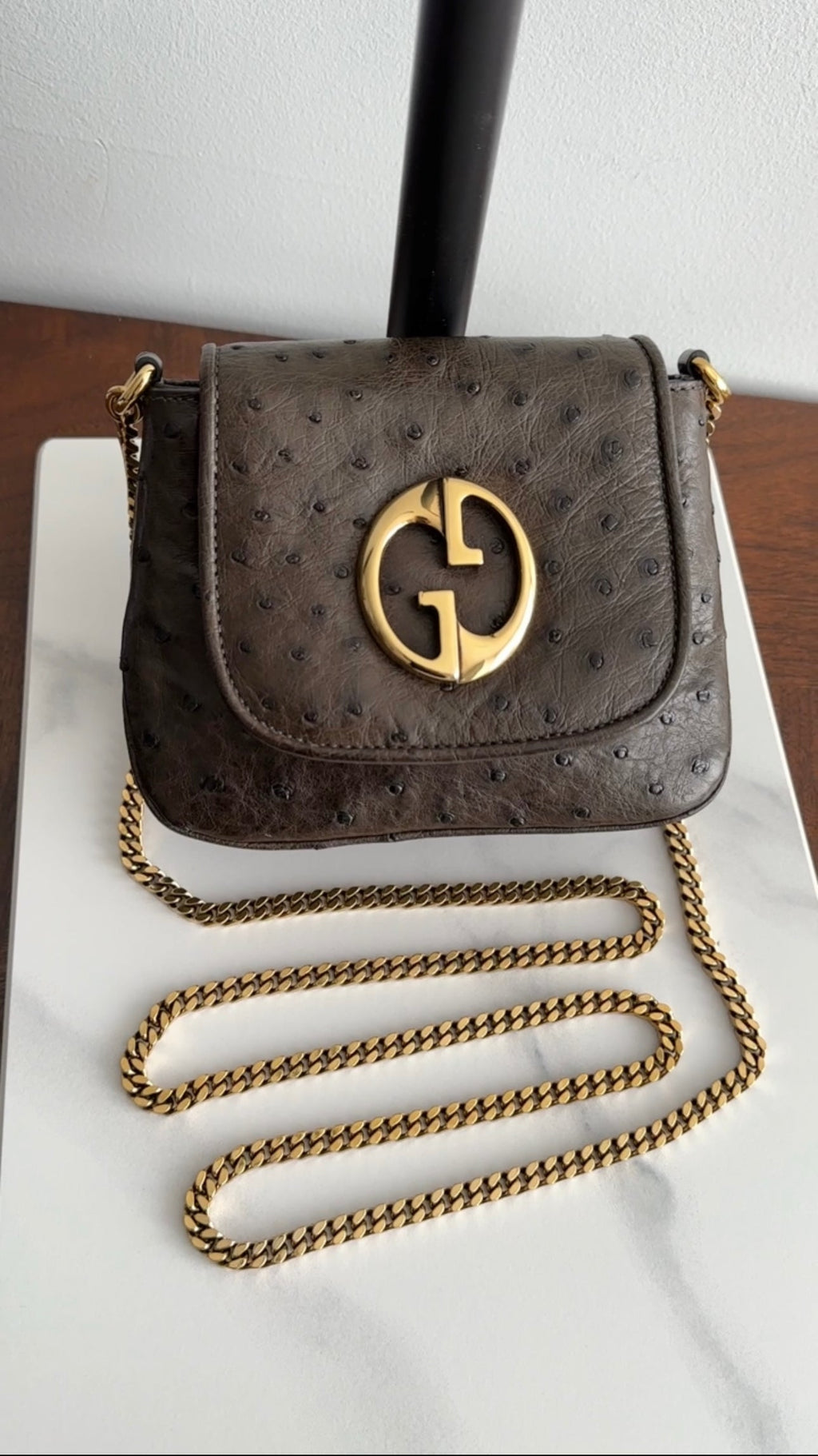 Gucci Mini Brown Ostrich 1973 GG Crossbody Bag