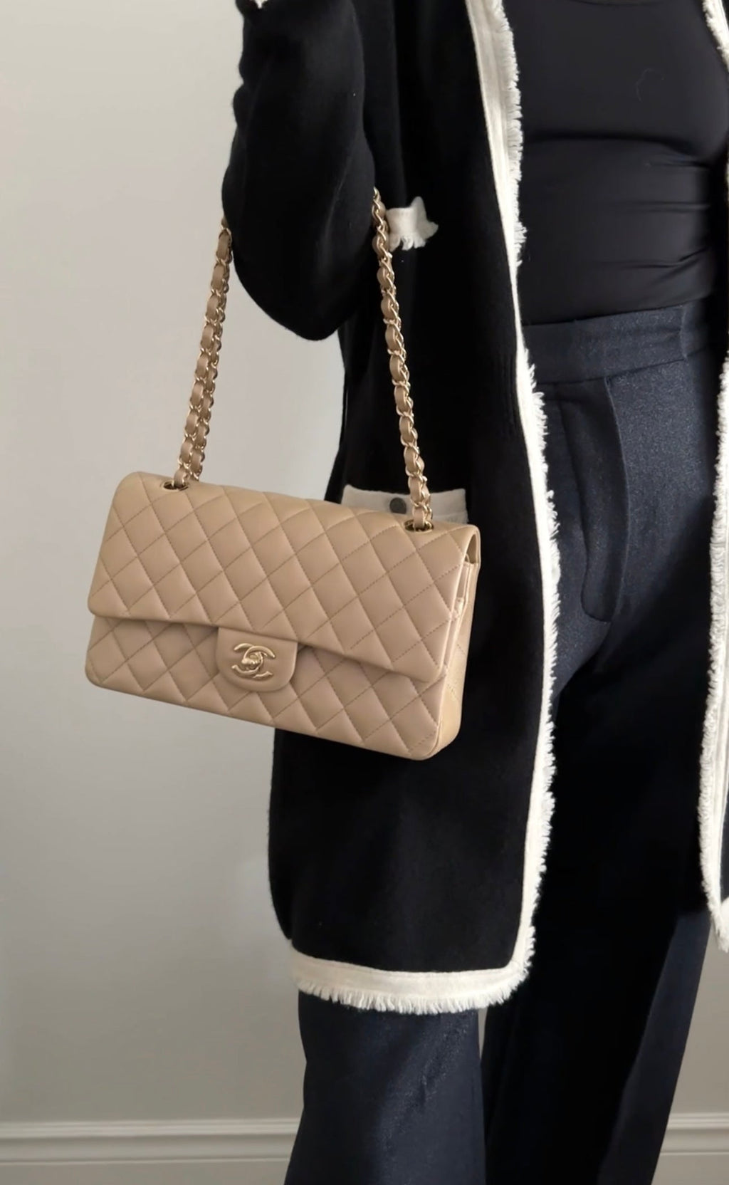 Chanel 21S Beige Iridescent Classic Medium Double Flap Caviar GHW