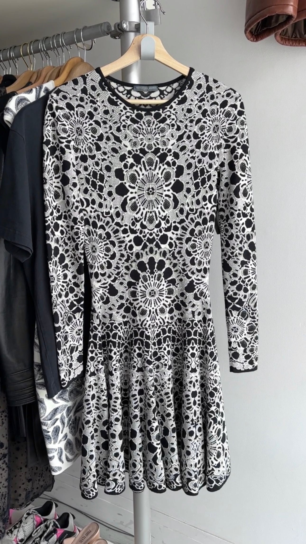 Alexander McQueen Black White Intarsia Knit Skater Dress - S