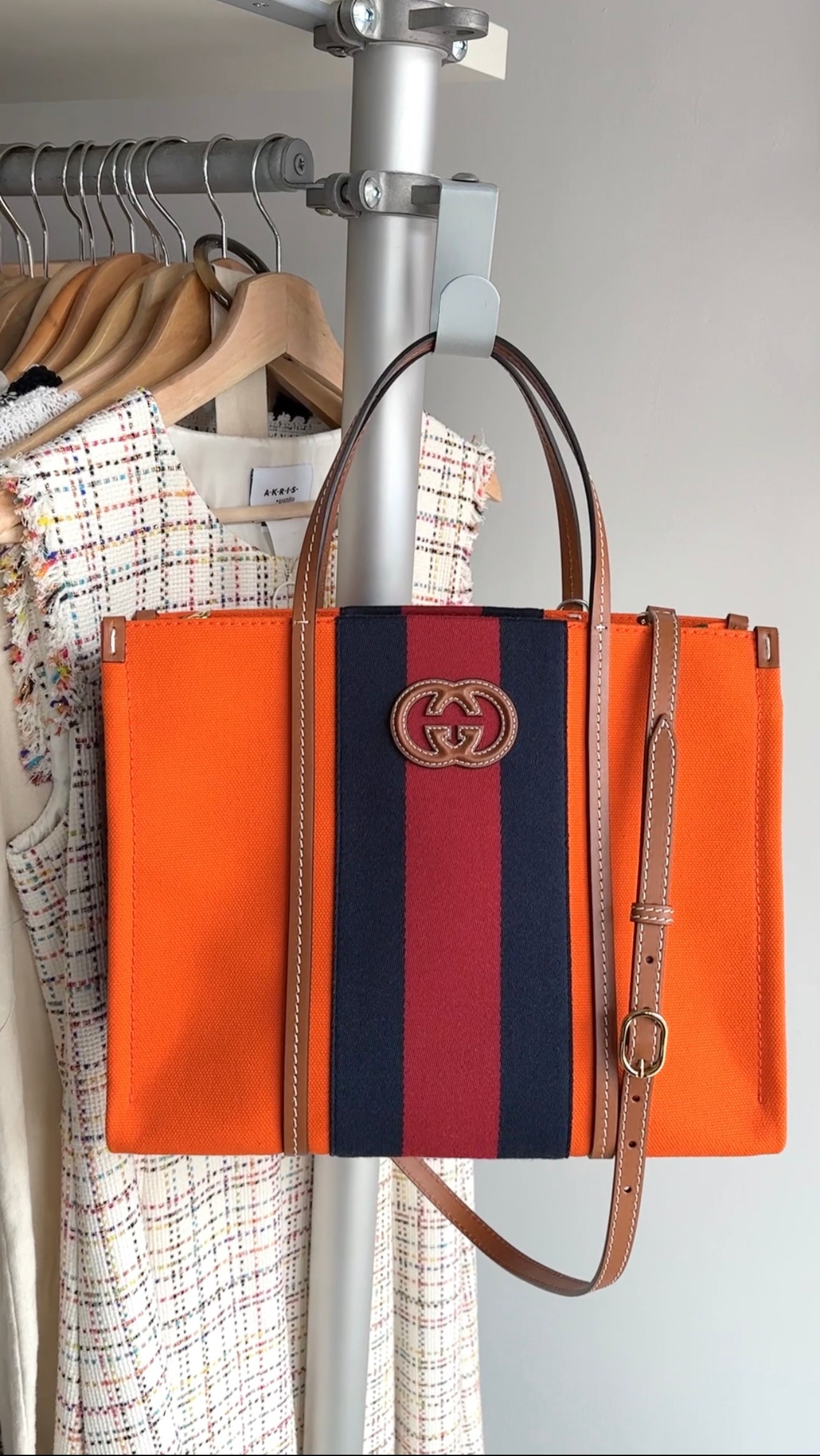 Gucci Interlocking G Orange Striped Web Canvas Tote Bag