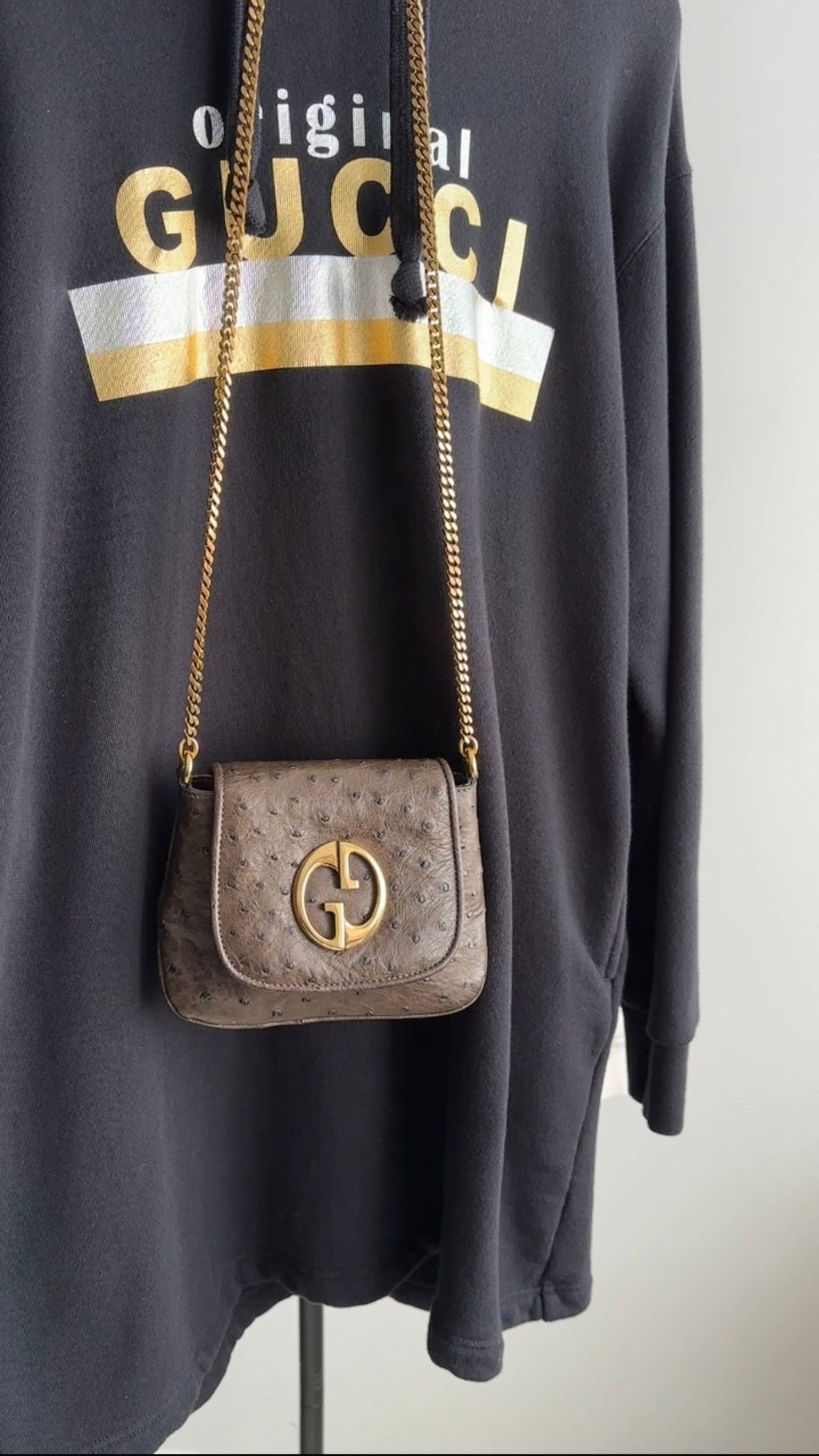 Gucci Mini Brown Ostrich 1973 GG Crossbody Bag