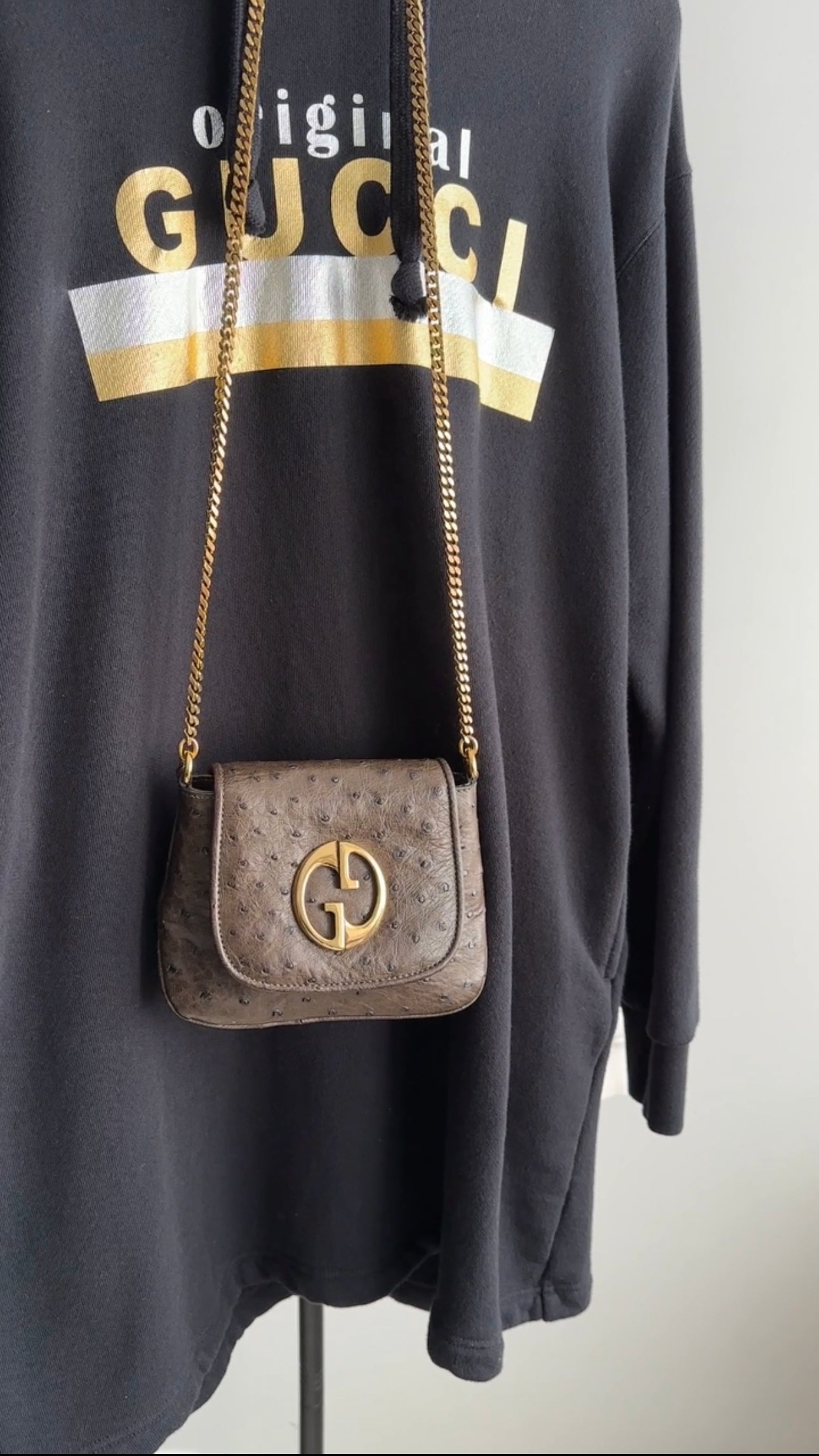 Gucci Mini Brown Ostrich 1973 GG Crossbody Bag
