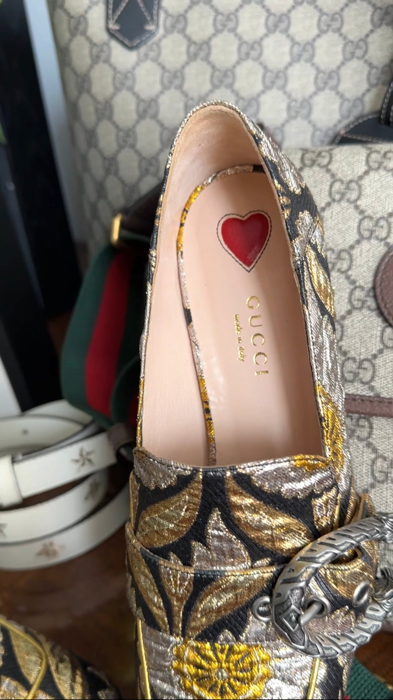 Gucci Gold Silver Black Brocade Dionysus Pump Loafers - 37