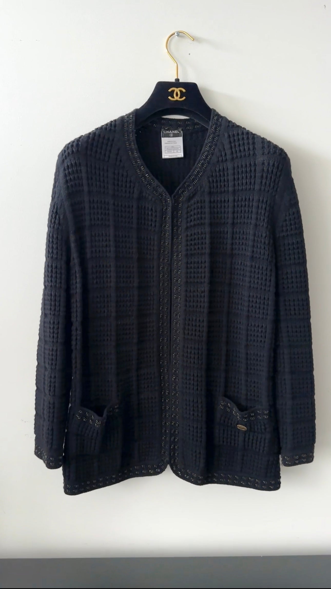 Chanel 05A Black Textured Knit igan Sweater with Chain Trim