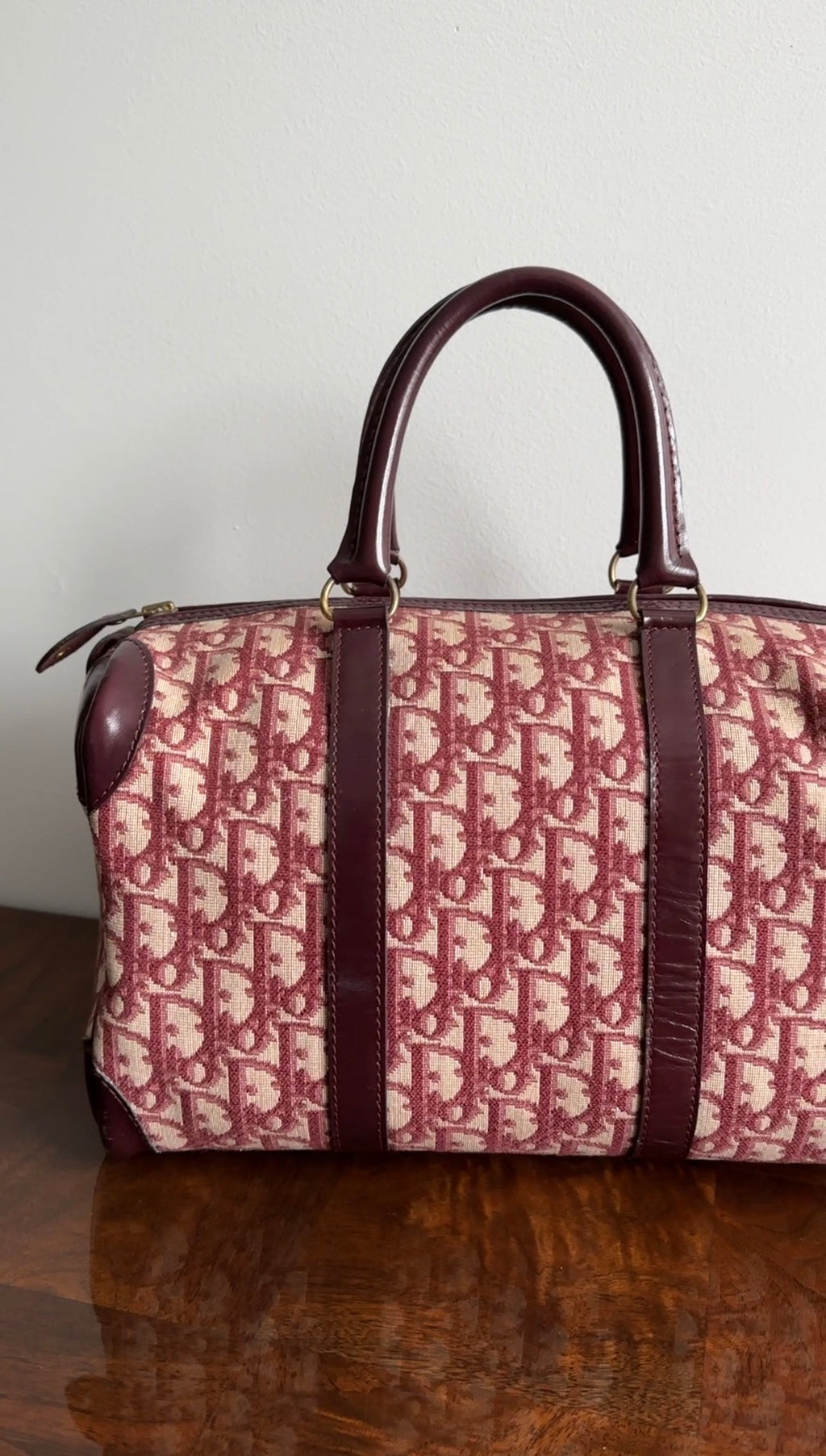 Christian Dior Burgundy Oblique Logo Boston Bag