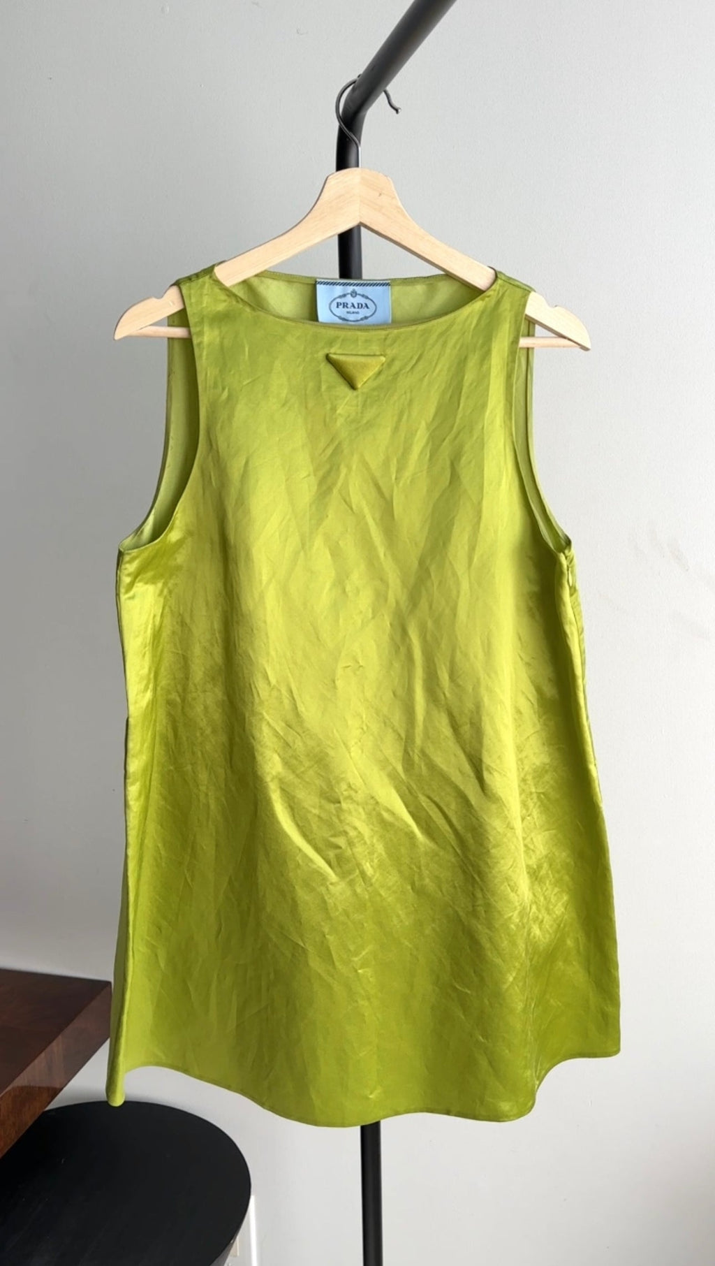 Prada Lime Green Satin Shift Dress with Triangle Logo - M (8)