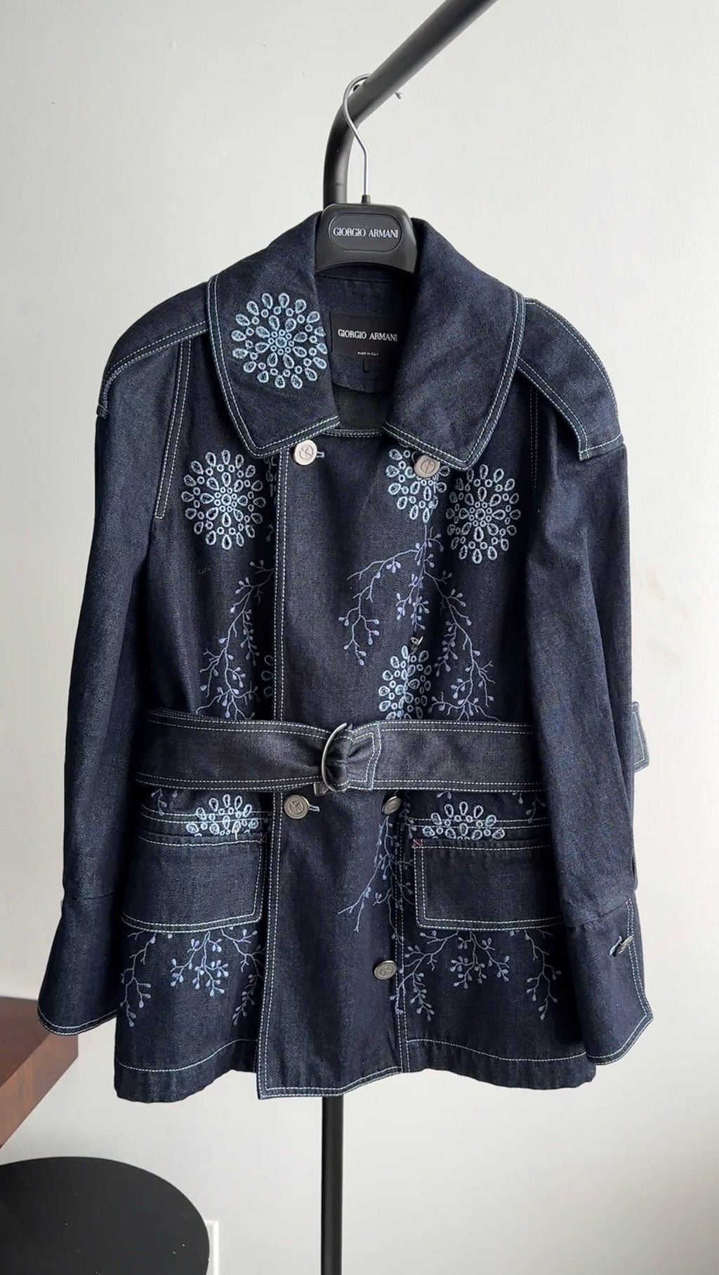 Giorgio Armani Blue Denim Eyelet Embroidered Short Trench Jacket - 42 / USA 6