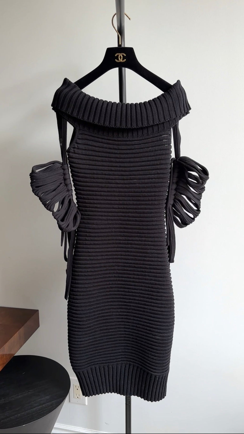 Chanel 09P Black Off Shoulder Rib Tube Dress with Removable Sleeves - FR36