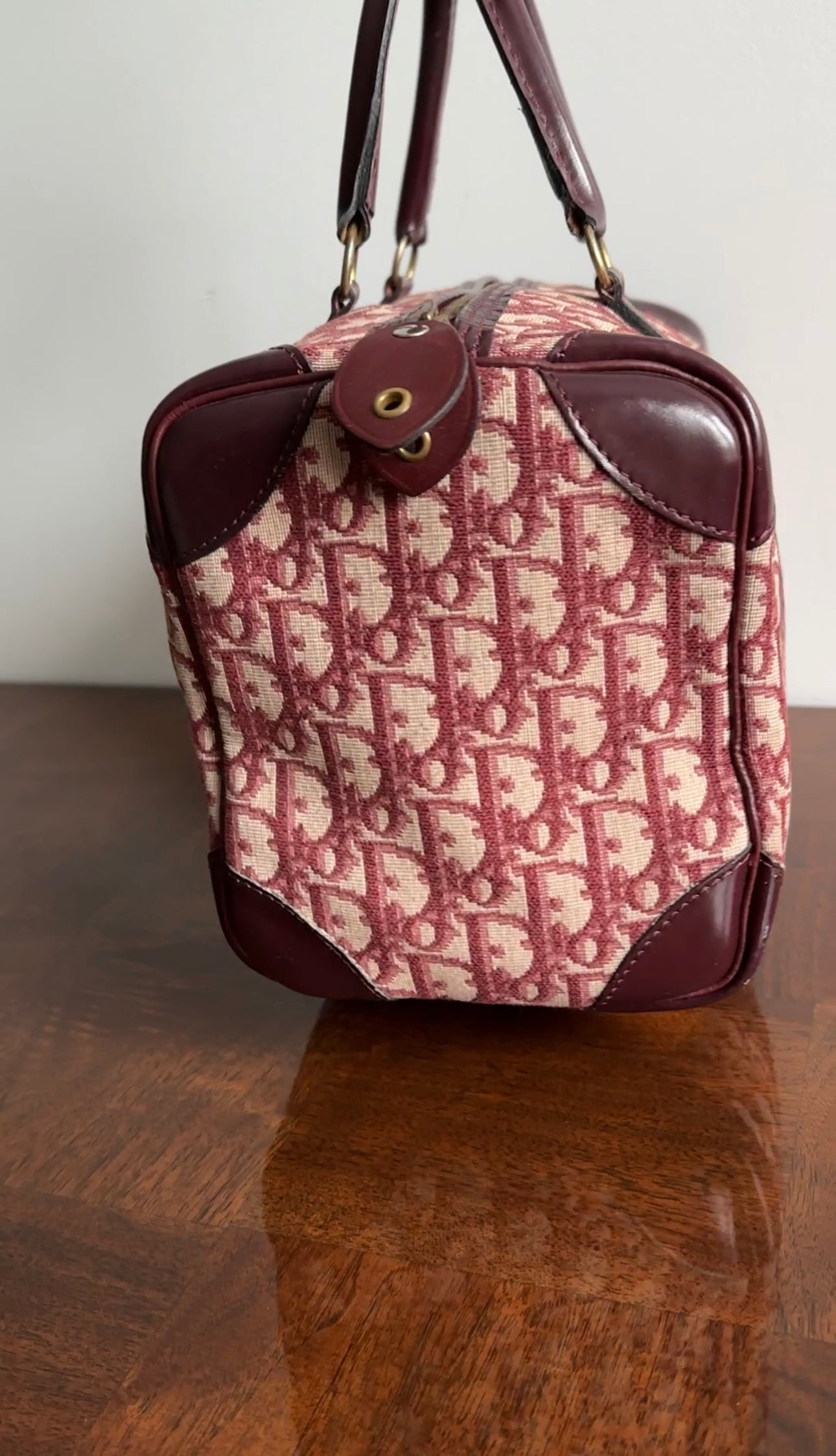 Christian Dior Burgundy Oblique Logo Boston Bag