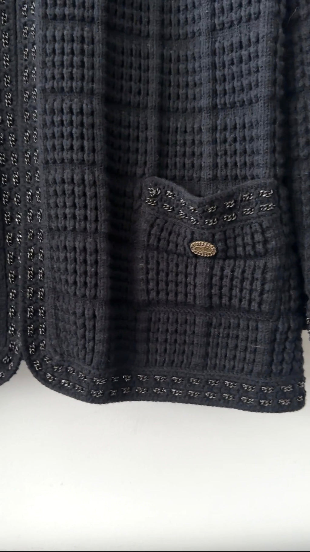 Chanel 05A Black Textured Knit igan Sweater with Chain Trim