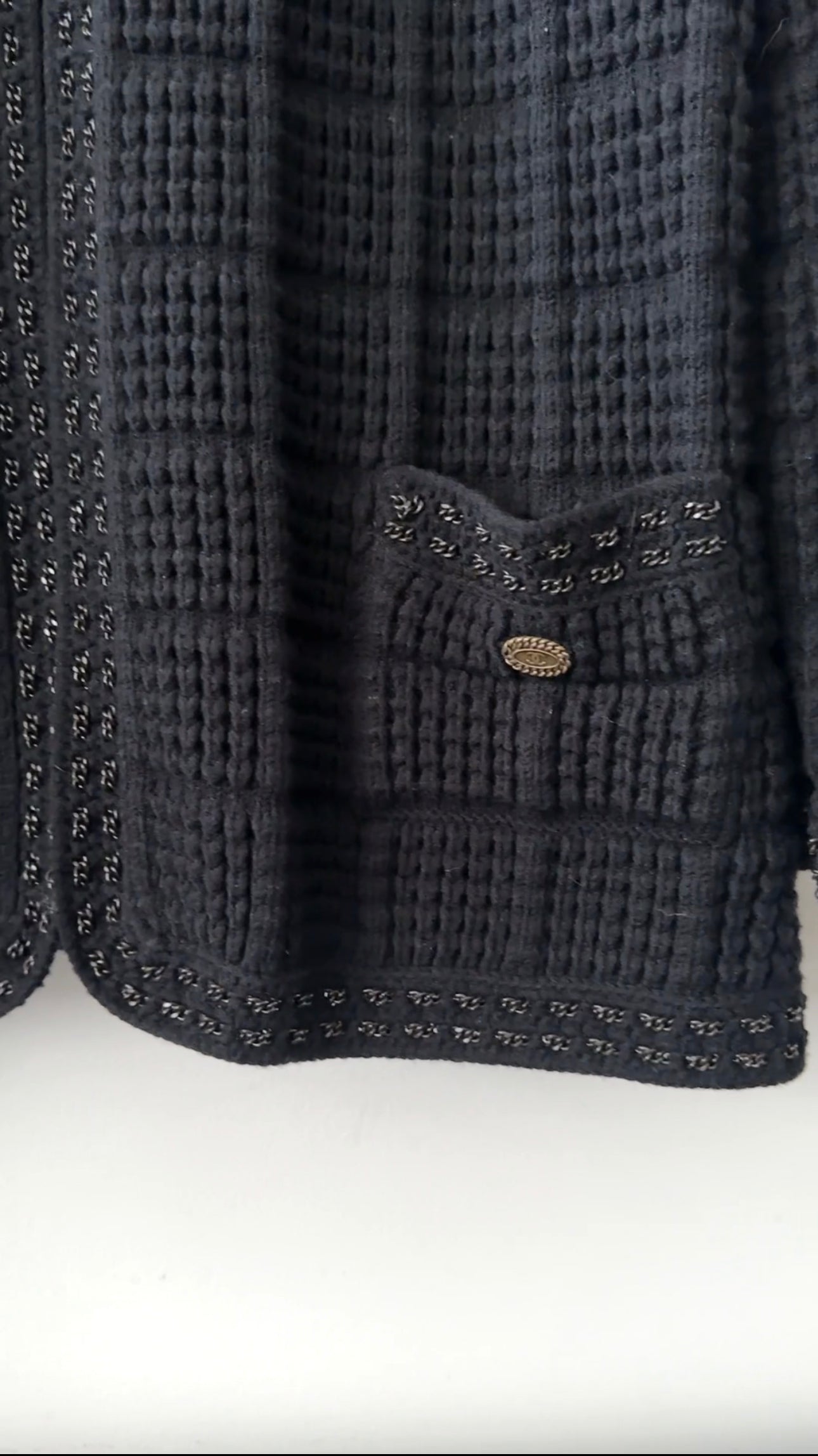 Chanel 05A Black Textured Knit igan Sweater with Chain Trim