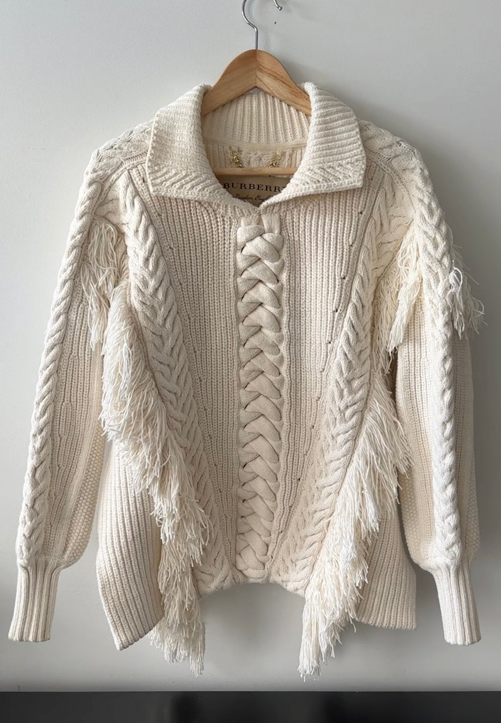 Burberry Heavy Ivory Fringe Cable Knit Cotton Sweater - S